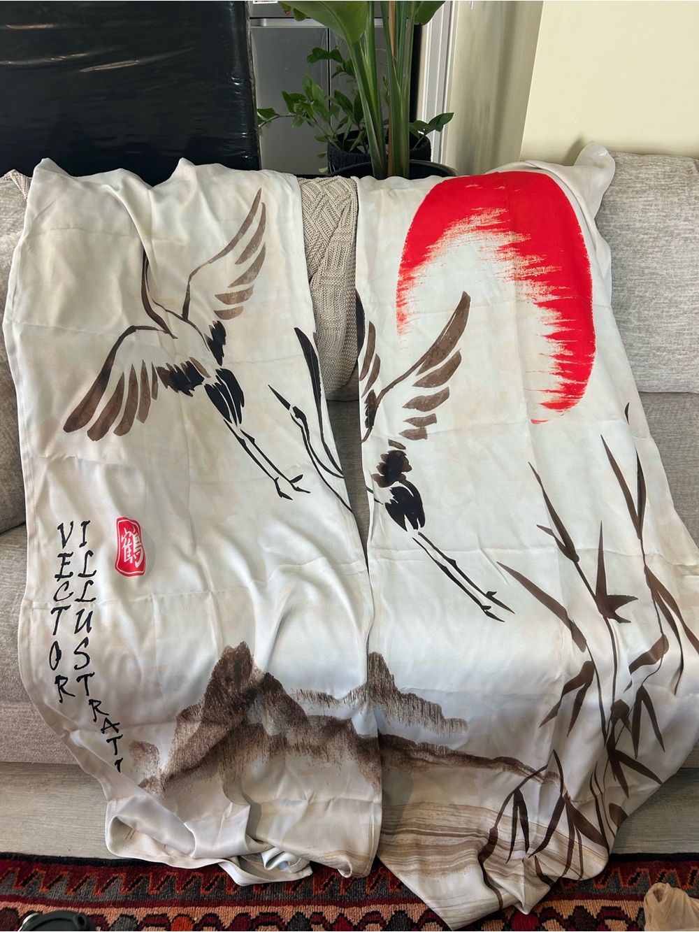 Japanese Ink Painting Curtains - White, Black & Red Sun - Picture 3 of 4